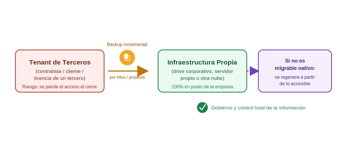 Esquema conceptual de resguardo de información desde el tenant de terceros hacia infraestructura propia (problema B) — diagrama propuesto para desarrollo gráfico por la agencia