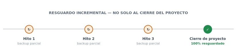 Nuevo — el respaldo ocurre en el camino, no solo al final del proyecto, reduciendo el riesgo de perderlo todo de golpe.
